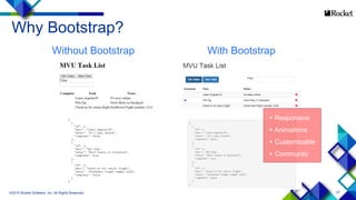 27
Why Bootstrap?
©2015 Rocket Software, Inc. All Rights Reserved.
Without Bootstrap With Bootstrap
+ Responsive
+ Animations
+ Customizable
+ Community
 