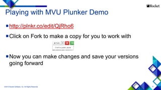 31
Playing with MVU Plunker Demo
http://plnkr.co/edit/QjRho6
Click on Fork to make a copy for you to work with
Now you can make changes and save your versions
going forward
©2015 Rocket Software, Inc. All Rights Reserved.
 