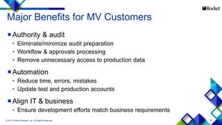 10
Major Benefits for MV Customers
Authority & audit
• Eliminate/minimize audit preparation
• Workflow & approvals processing
• Remove unnecessary access to production data
Automation
• Reduce time, errors, mistakes
• Update test and production accounts
Align IT & business
• Ensure development efforts match business requirements
© 2015 Rocket Software, Inc. All Rights Reserved.
 