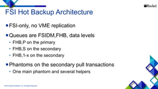 4
FSI Hot Backup Architecture
FSI-only, no VME replication
Queues are FSIDM,FHB, data levels
• FHB,P on the primary
• FHB,S on the secondary
• FHB,1-x on the secondary
Phantoms on the secondary pull transactions
• One main phantom and several helpers
©2015 Rocket Software, Inc. All Rights Reserved.
 