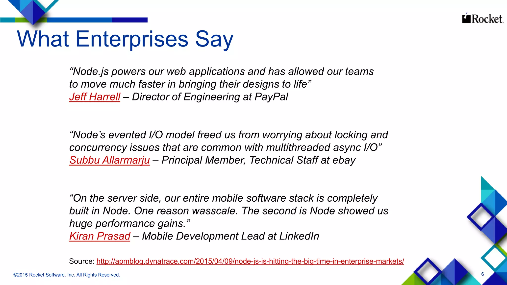 6
What Enterprises Say
©2015 Rocket Software, Inc. All Rights Reserved.
“Node.js powers our web applications and has allowed our teams
to move much faster in bringing their designs to life”
Jeff Harrell – Director of Engineering at PayPal
“Node’s evented I/O model freed us from worrying about locking and
concurrency issues that are common with multithreaded async I/O”
Subbu Allarmarju – Principal Member, Technical Staff at ebay
“On the server side, our entire mobile software stack is completely
built in Node. One reason wasscale. The second is Node showed us
huge performance gains.”
Kiran Prasad – Mobile Development Lead at LinkedIn
Source: http://apmblog.dynatrace.com/2015/04/09/node-js-is-hitting-the-big-time-in-enterprise-markets/
 