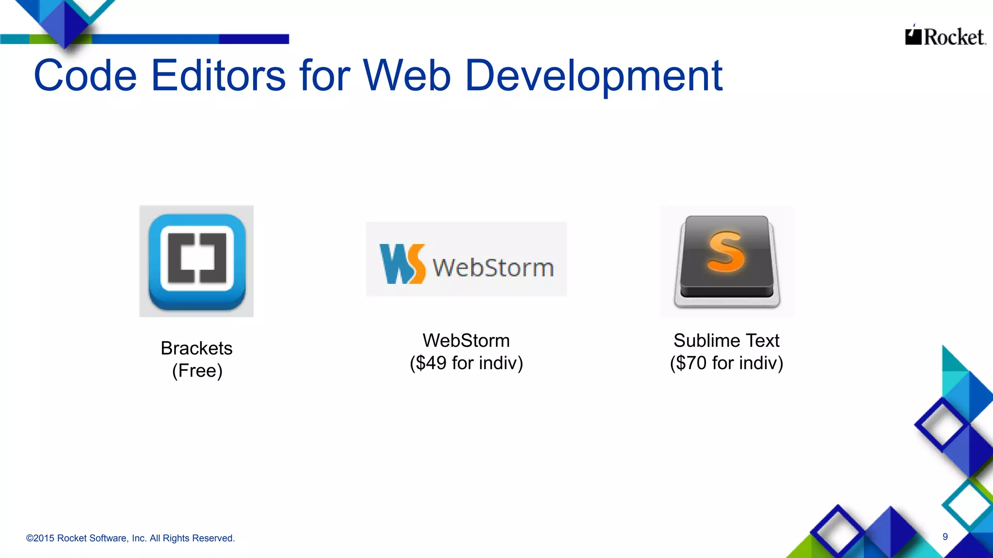 9
Code Editors for Web Development
©2015 Rocket Software, Inc. All Rights Reserved.
Brackets
(Free)
Sublime Text
($70 for indiv)
WebStorm
($49 for indiv)
 