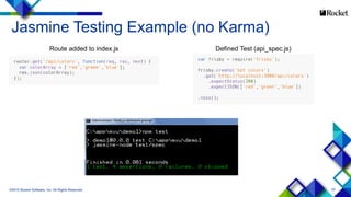 23
Jasmine Testing Example (no Karma)
©2015 Rocket Software, Inc. All Rights Reserved.
Defined Test (api_spec.js)Route added to index.js
 