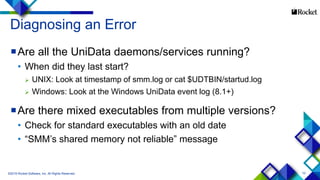 10
Are all the UniData daemons/services running?
• When did they last start?
 UNIX: Look at timestamp of smm.log or cat $UDTBIN/startud.log
 Windows: Look at the Windows UniData event log (8.1+)
Are there mixed executables from multiple versions?
• Check for standard executables with an old date
• “SMM’s shared memory not reliable” message
©2015 Rocket Software, Inc. All Rights Reserved.
Diagnosing an Error
 