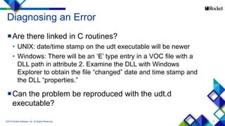 11
Are there linked in C routines?
• UNIX: date/time stamp on the udt executable will be newer
• Windows: There will be an ‘E’ type entry in a VOC file with a
DLL path in attribute 2. Examine the DLL with Windows
Explorer to obtain the file “changed” date and time stamp and
the DLL “properties.”
Can the problem be reproduced with the udt.d
executable?
©2015 Rocket Software, Inc. All Rights Reserved.
Diagnosing an Error
 
