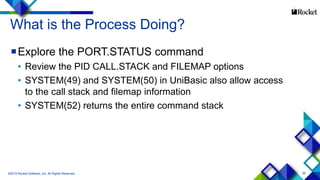 29
What is the Process Doing?
Explore the PORT.STATUS command
• Review the PID CALL.STACK and FILEMAP options
• SYSTEM(49) and SYSTEM(50) in UniBasic also allow access
to the call stack and filemap information
• SYSTEM(52) returns the entire command stack
©2015 Rocket Software, Inc. All Rights Reserved.
 