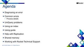 3
Agenda
 Diagnosing an error
 Common errors
• Process details
 UniQuery problems
 Using an index
 Using guide
 Help with Replication
 Shared memory
 Working with Rocket Technical Support
©2015 Rocket Software, Inc. All Rights Reserved.
 