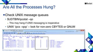 44
Are All the Processes Hung?
Check UNIX message queues
• $UDTBIN/ipcstat –qo
 This may hang if UNIX messaging is inoperative
• UNIX ‘ipcs –qop’ – look for non-zero CBYTES or QNUM
©2015 Rocket Software, Inc. All Rights Reserved.
 