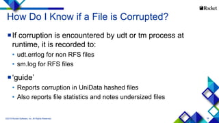 58
How Do I Know if a File is Corrupted?
If corruption is encountered by udt or tm process at
runtime, it is recorded to:
• udt.errlog for non RFS files
• sm.log for RFS files
‘guide’
• Reports corruption in UniData hashed files
• Also reports file statistics and notes undersized files
©2015 Rocket Software, Inc. All Rights Reserved.
 