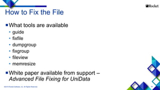 64
How to Fix the File
What tools are available
• guide
• fixfile
• dumpgroup
• fixgroup
• fileview
• memresize
White paper available from support –
Advanced File Fixing for UniData
©2015 Rocket Software, Inc. All Rights Reserved.
 