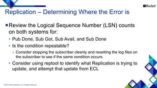 69
Replication – Determining Where the Error is
Review the Logical Sequence Number (LSN) counts
on both systems for:
• Pub Done, Sub Got, Sub Avail, and Sub Done
• Is the condition repeatable?
 Consider stopping the subscriber cleanly and resetting the log files on
the subscriber to see if the same condition occurs
• Consider using reptool to identify what Replication is trying to
update, and attempt that update from ECL
©2015 Rocket Software, Inc. All Rights Reserved.
 