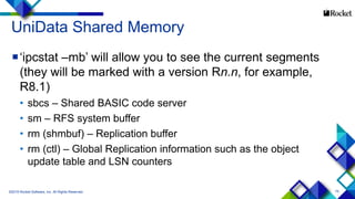 75
UniData Shared Memory
‘ipcstat –mb’ will allow you to see the current segments
(they will be marked with a version Rn.n, for example,
R8.1)
• sbcs – Shared BASIC code server
• sm – RFS system buffer
• rm (shmbuf) – Replication buffer
• rm (ctl) – Global Replication information such as the object
update table and LSN counters
©2015 Rocket Software, Inc. All Rights Reserved.
 