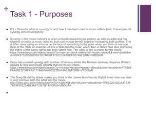 +
Task 1 - Purposes
 Q3 – Describe what is ‘synergy’ is and how it has been used in music videos [min. 3 examples of
synergy and convergance]
 Synergy in the music industry is when a brand/product/movie partner up with an artist and mix
together to make a music video so both can mutual benefit together increasing both profiles. This
is often done using an artist to be the face of something to the point when you think of one you
think of the other an example of this is Wills Smiths music video ‘Men in Black’ that also promoted
the movie of the same name and both stared him. The video is like a promo for the movie.
https://www.bing.com/videos/search?q=men+in+black+will+smith+music+video&&view=detail&mi
d=008F6752C5367BDF0274008F6752C5367BDF0274&FORM=VRDGAR
 Pepsi has created synergy with number of famous artists like Michael Jackson, Beyonce Brittany
Spears & Pink and create adverts that are music videos
https://www.bing.com/videos/search?q=michael+jackson+pepsi+video&&view=detail&mid=718A6
FAA8B227D4F4A51718A6FAA8B227D4F4A51&FORM=VRDGAR
 The Song Skyfall by Adele makes you think of the James Bond movie Skyfall every time you hear
it and promote both the artist and the movie.
http://www.bing.com/videos/search?q=Adele+Skyfall+&&view=detail&mid=9F66220A023A47336
7B19F66220A023A473367B1&FORM=VRDGAR

 