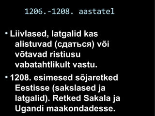 1206.-1208. aastatel
●
Liivlased, latgalid kas
alistuvad (сдаться) või
võtavad ristiusu
vabatahtlikult vastu.
●
1208. esimesed sõjaretked
Eestisse (sakslased ja
latgalid). Retked Sakala ja
Ugandi maakondadesse.
 