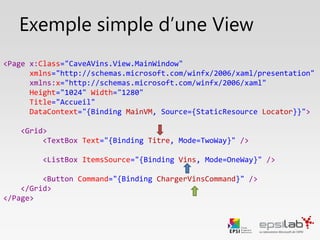 Exemple de ViewModel
public interface IMainViewModel
{
public string Titre { get; set; }
public ObservableCollection<Vin> Vins { get; }
public ICommand ChargerVinsCommand { get; }
}
Déclaration dans une interface
Données
Commandes
 