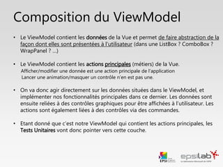 Composition du ViewModel
• Le ViewModel contient les données affichées dans la Vue
• Il permet de faire abstraction de la manière dont elles sont présentées
• On va agir directement sur les données et non plus sur les contrôles
graphiques
• Le ViewModel contient les commandes (actions métiers) de
la Vue
• Afficher ou modifier une donnée est une action métier
• Lancer une animation ou masquer un contrôle n’en est pas une
• Chaque classe ViewModel hérite de la classe
ViewModelBase, provenant de MVVM Light Toolkit
 