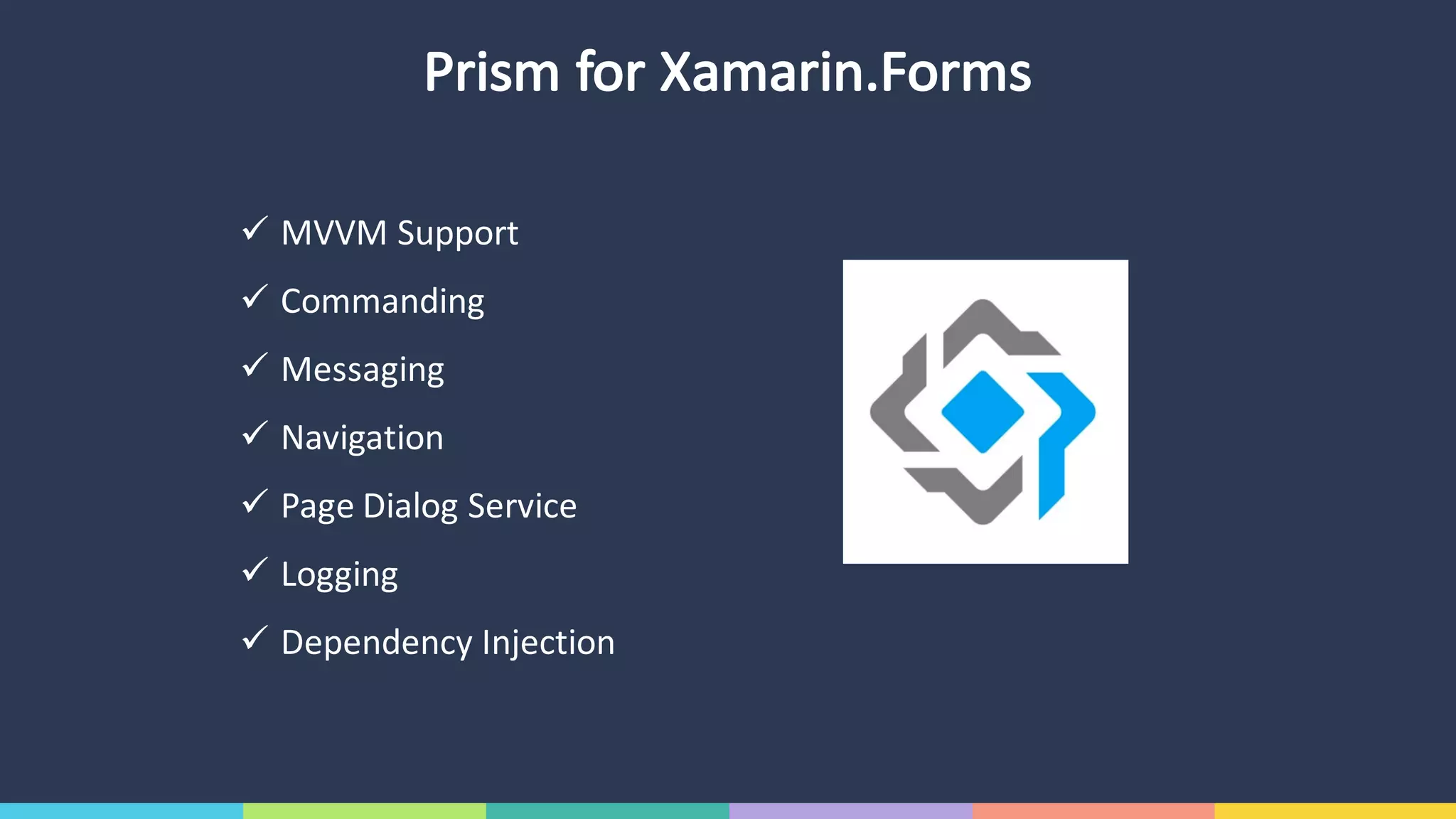 Prism	for	Xamarin.Forms
ü MVVM	Support
ü Commanding
ü Messaging
ü Navigation
ü Page	Dialog	Service
ü Logging
ü Dependency	Injection
 