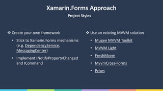 Xamarin.Forms Approach
v Create	your	own	framework
• Stick	to	Xamarin.Forms mechanisms
(e.g.	DependencyService,	
MessagingCenter)
• Implement	INotifyPropertyChanged
and	ICommand
Project	Styles
v Use	an	existing	MVVM	solution
• Mugen MVVM	Toolkit
• MVVM	Light
• FreshMvvm
• MvvmCross-Forms
• Prism
 