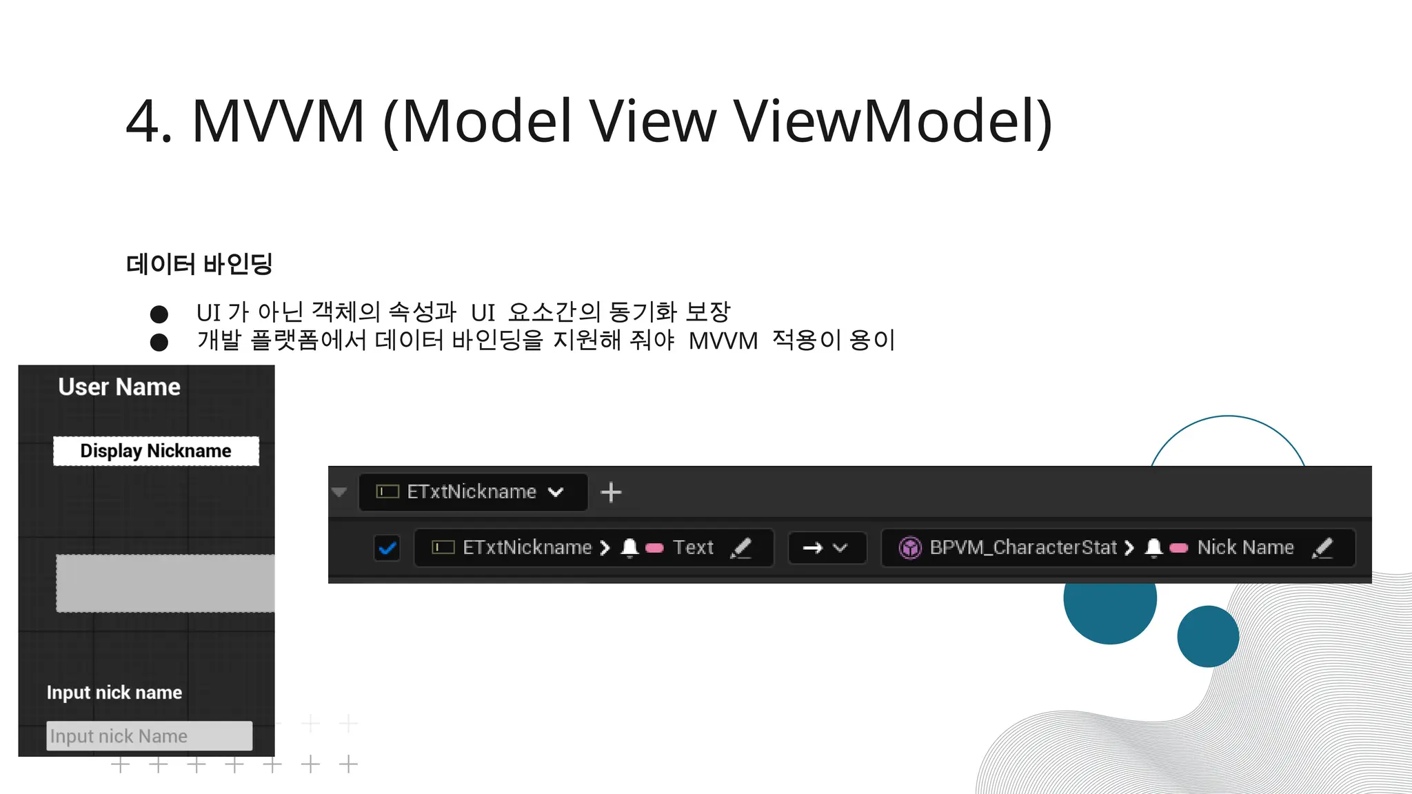 데이터 바인딩
● UI 가 아닌 객체의 속성과 UI 요소간의 동기화 보장
● 개발 플랫폼에서 데이터 바인딩을 지원해 줘야 MVVM 적용이 용이
4. MVVM (Model View ViewModel)
 