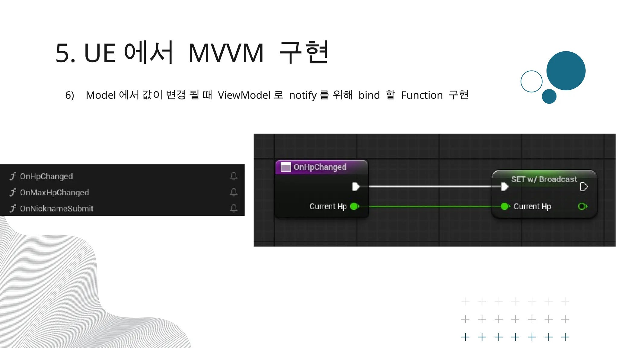 5. UE 에서 MVVM 구현
6) Model 에서 값이 변경 될 때 ViewModel 로 notify 를 위해 bind 할 Function 구현
 