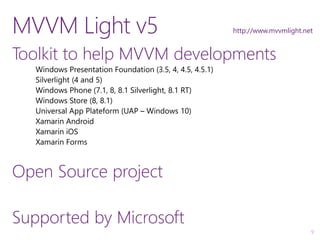 9
MVVM Light v5
Toolkit to help MVVM developments
Open Source project
Supported by Microsoft
http://www.mvvmlight.net
 