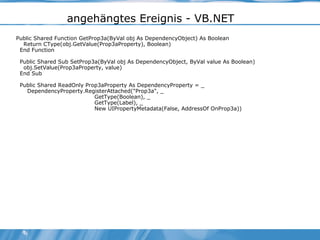 angehängtes Ereignis - VB.NET Public Shared Function GetProp3a(ByVal obj As DependencyObject) As Boolean Return CType(obj.GetValue(Prop3aProperty), Boolean) End Function Public Shared Sub SetProp3a(ByVal obj As DependencyObject, ByVal value As Boolean) obj.SetValue(Prop3aProperty, value) End Sub Public Shared ReadOnly Prop3aProperty As DependencyProperty = _ DependencyProperty.RegisterAttached("Prop3a", _ GetType(Boolean), _ GetType(Label), _ New UIPropertyMetadata(False, AddressOf OnProp3a)) 