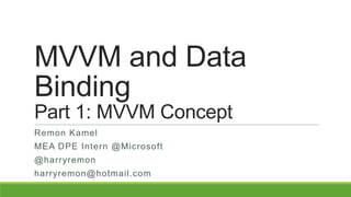 MVVM and Data
Binding
Part 1: MVVM Concept
Remon Kamel
MEA DPE Intern @Microsoft
@harryremon
harryremon@hotmail.com

 