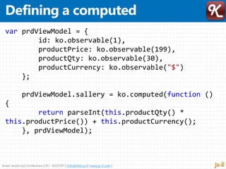 Israel JavaScript Conference | 03 – 6325707 | info@e4d.co.il | www.js-il.com |
var prdViewModel = {
id: ko.observable(1),
productPrice: ko.observable(199),
productQty: ko.observable(30),
productCurrency: ko.observable("$")
};
prdViewModel.sallery = ko.computed(function ()
{
return parseInt(this.productQty() *
this.productPrice()) + this.productCurrency();
}, prdViewModel);
 