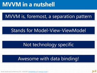 Israel JavaScript Conference | 03 – 6325707 | info@e4d.co.il | www.js-il.com |
Stands for Model-View-ViewModel
Not technology specific
Awesome with data binding!
MVVM is, foremost, a separation pattern
 