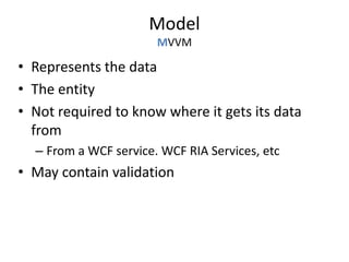 ModelMVVMRepresents the dataThe entityNot required to know where it gets its data fromFrom a WCF service. WCF RIA Services, etcMay contain validation