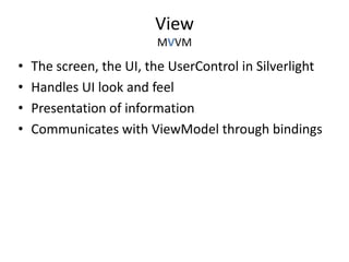 ViewMVVMThe screen, the UI, the UserControl in SilverlightHandles UI look and feelPresentation of informationCommunicates with ViewModel through bindings