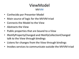 ViewModelMVVMConhecido por PresenterModelMain source of logic for the MVVM triadConnects the Model to the ViewAbstracts the ViewPublic properties that are bound to a ViewINotifyPropertyChanged and INotifyCollectionChanged talk to the View through bindingsListens for changes from the View through bindingsInvokes services to communicate outside the MVVM triad