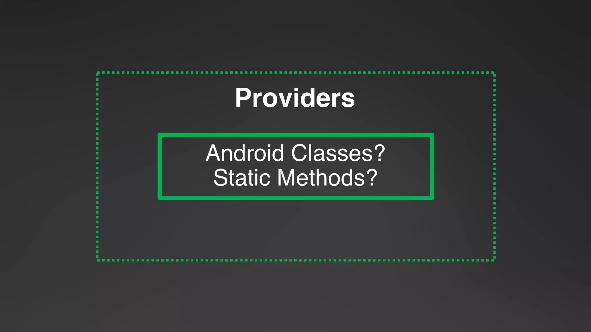 Providers
Android Classes?
Static Methods?
 
