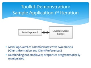 Toolkit Demonstration:
     Sample Application 1st Iteration




∗ MainPage.xaml.cs communicates with two models
  (ClientInformation and ClientPreferences)
∗ Databinding not employed; properties programmatically
  manipulated
 