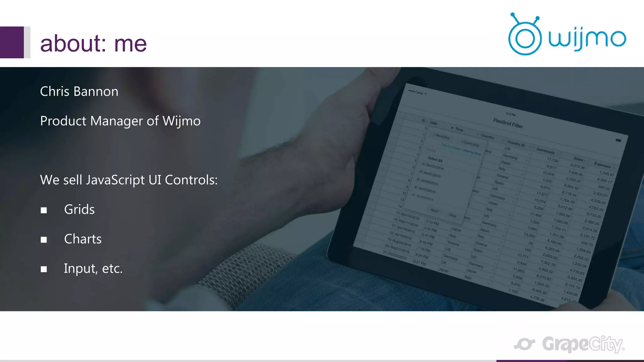 about: me Chris Bannon Product Manager of Wijmo We sell JavaScript UI Controls:  Grids  Charts  Input, etc. 