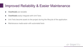 Improved Reliability & Easier Maintenance
 ViewModels are testable
 ViewModels easily integrate with Unit Tests
 Unit Tests become assets to the project during the lifecycle of the application
 Maintenance made easier with automated tests
 