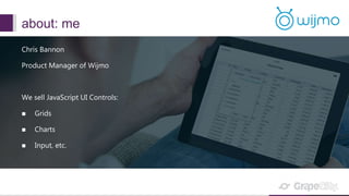 about: me
Chris Bannon
Product Manager of Wijmo
We sell JavaScript UI Controls:
 Grids
 Charts
 Input, etc.
 