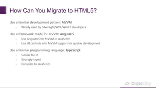 How Can You Migrate to HTML5?
Use a familiar development pattern: MVVM
o Widely used by Silverlight/WPF/WinRT developers
Use a framework made for MVVM: AngularJS
o Use AngularJS for MVVM in JavaScript
o Use UI controls with MVVM support for quicker development
Use a familiar programming language: TypeScript
o Similar to C#
o Strongly-typed
o Compiles to JavaScript
 