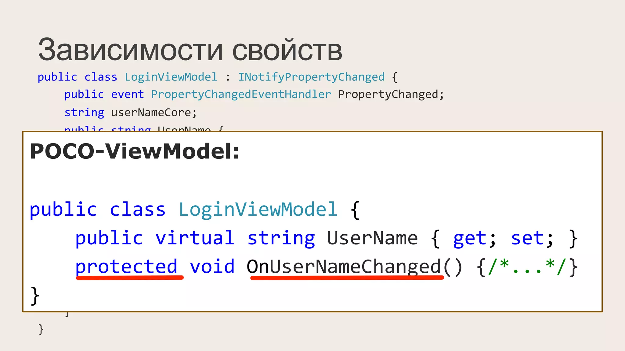 Зависимости свойств
public	
  class	
  LoginViewModel	
  :	
  INotifyPropertyChanged	
  {	
  
	
  	
  	
  	
  public	
  event	
  PropertyChangedEventHandler	
  PropertyChanged;	
  
	
  	
  	
  	
  string	
  userNameCore;	
  
	
  	
  	
  	
  public	
  string	
  UserName	
  {	
  
	
  	
  	
  	
  	
  	
  	
  	
  get	
  {	
  return	
  userNameCore;	
  }	
  
	
  	
  	
  	
  	
  	
  	
  	
  set	
  {	
  
	
  	
  	
  	
  	
  	
  	
  	
  	
  	
  	
  	
  if(value	
  !=	
  userNameCore)	
  {	
  
	
  	
  	
  	
  	
  	
  	
  	
  	
  	
  	
  	
  	
  	
  	
  	
  this.userNameCore	
  =	
  value;	
  
	
  	
  	
  	
  	
  	
  	
  	
  	
  	
  	
  	
  	
  	
  	
  	
  PropertyChangedEventHandler	
  handler	
  =	
  PropertyChanged;	
  
	
  	
  	
  	
  	
  	
  	
  	
  	
  	
  	
  	
  	
  	
  	
  	
  if(handler	
  !=	
  null)	
  
	
  	
  	
  	
  	
  	
  	
  	
  	
  	
  	
  	
  	
  	
  	
  	
  	
  	
  	
  	
  handler(this,	
  new	
  PropertyChangedEventArgs("UserName"));	
  
	
  	
  	
  	
  	
  	
  	
  	
  	
  	
  	
  	
  }	
  
	
  	
  	
  	
  	
  	
  	
  	
  }	
  
	
  	
  	
  	
  }	
  
}	
  
POCO-ViewModel:
public	
  class	
  LoginViewModel	
  {	
  
	
  	
  	
  	
  public	
  virtual	
  string	
  UserName	
  {	
  get;	
  set;	
  }	
  
	
  	
  	
  	
  protected	
  void	
  OnUserNameChanged()	
  {/*...*/}	
  
}
 