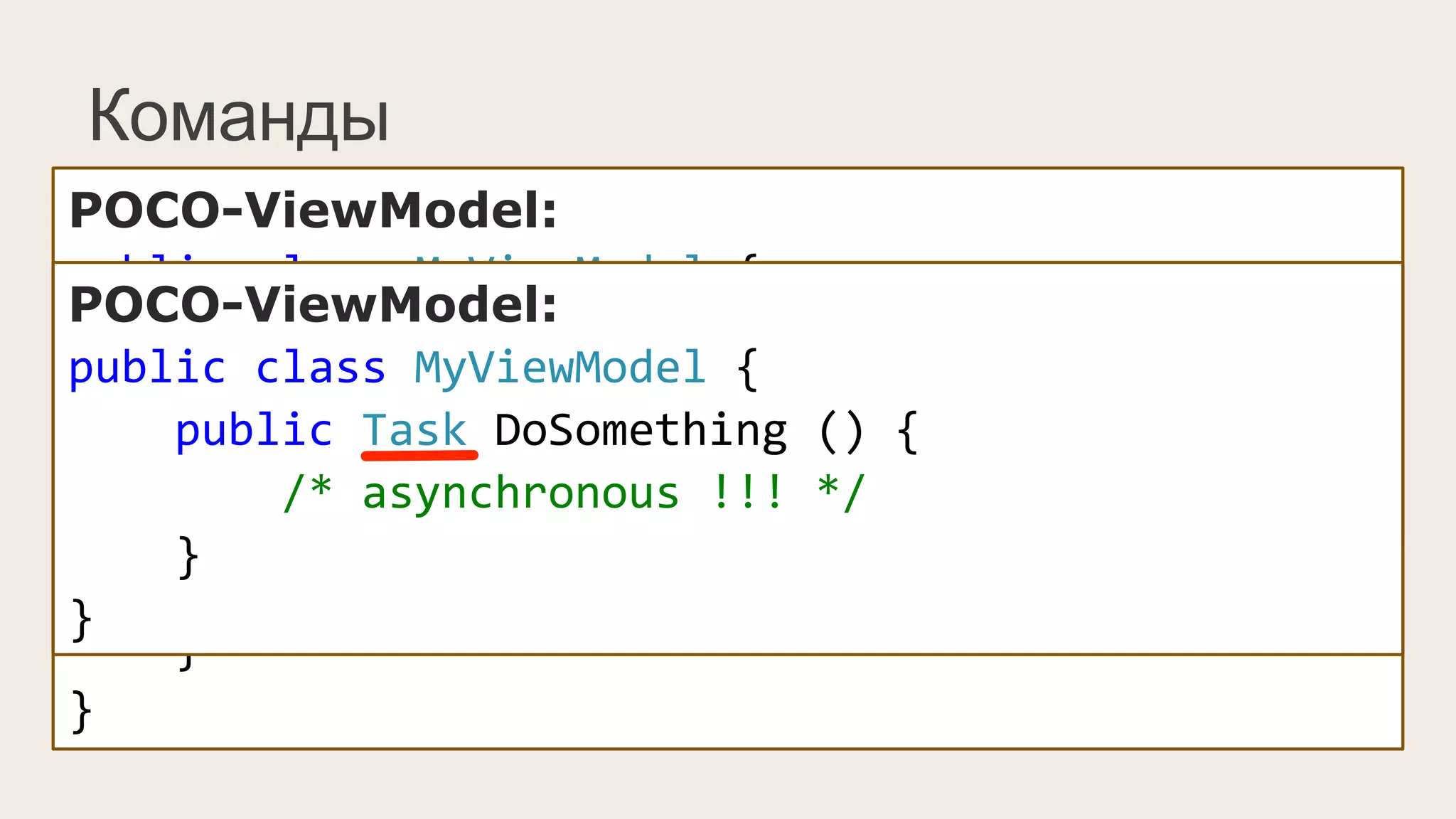 Команды
	
   public	
  class	
  DelegateCommand<T>	
  :	
  System.Windows.Input.ICommand	
  {	
  
	
   	
  	
  	
  	
  readonly	
  Predicate<T>	
  _canExecute;	
  
	
   	
  	
  	
  	
  readonly	
  Action<T>	
  _execute;	
  
	
   	
  	
  	
  	
  public	
  DelegateCommand(Action<T>	
  execute)	
  
	
   	
  	
  	
  	
  	
  	
  	
  	
  :	
  this(execute,	
  null)	
  {	
  
	
   	
  	
  	
  	
  }	
  
	
   	
  	
  	
  	
  public	
  DelegateCommand(Action<T>	
  execute,	
  Predicate<T>	
  canExecute)	
  {	
  
	
   	
  	
  	
  	
  	
  	
  	
  	
  _execute	
  =	
  execute;	
  
	
   	
  	
  	
  	
  	
  	
  	
  	
  _canExecute	
  =	
  canExecute;	
  
	
   	
  	
  	
  	
  }	
  
	
   	
  	
  	
  	
  //...	
  
	
   }	
  
POCO-ViewModel:
public	
  class	
  MyViewModel	
  {	
  
	
  	
  	
  	
  public	
  void	
  SayHello()	
  {	
  /*	
  do	
  something	
  */	
  }	
  
}	
  
POCO-ViewModel:
public	
  class	
  MyViewModel	
  {	
  
	
  	
  	
  	
  public	
  void	
  SaySomething(string	
  str)	
  {	
  	
  
	
  	
  	
  	
  	
  	
  	
  	
  /*	
  ...	
  */	
  	
  
	
  	
  	
  	
  }	
  
	
  	
  	
  	
  public	
  bool	
  CanSaySomething(string	
  str)	
  {	
  	
  
	
  	
  	
  	
  	
  	
  	
  	
  /*	
  ...	
  */	
  	
  
	
  	
  	
  	
  }	
  
}	
  
POCO-ViewModel:
public	
  class	
  MyViewModel	
  {	
  
	
  	
  	
  	
  public	
  Task	
  DoSomething	
  ()	
  {	
  	
  
	
  	
  	
  	
  	
  	
  	
  	
  /*	
  asynchronous	
  !!!	
  */	
  	
  
	
  	
  	
  	
  }	
  
}	
  
 