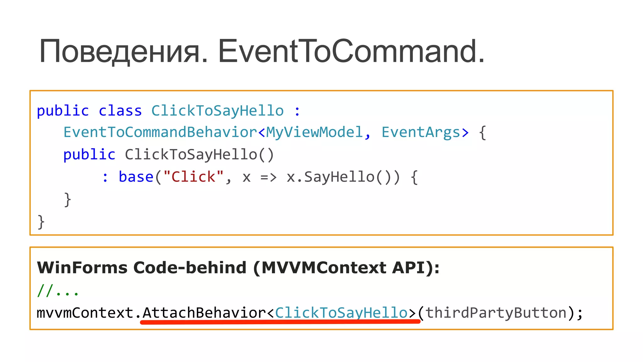 Поведения. EventToCommand.
public	
  class	
  ClickToSayHello	
  :	
  
	
  	
  	
  EventToCommandBehavior<MyViewModel,	
  EventArgs>	
  {	
  
	
  	
  	
  public	
  ClickToSayHello()	
  
	
  	
  	
   	
  :	
  base("Click",	
  x	
  =>	
  x.SayHello())	
  {	
  
	
  	
  	
  }	
  
}	
  
WinForms Code-behind (MVVMContext API):	
  
//...	
  
mvvmContext.AttachBehavior<ClickToSayHello>(thirdPartyButton);	
  
 