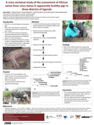A cross sectional study of the assessment of African
swine fever virus status in apparently healthy pigs in
three districts of Uganda
Joyce Akol1,3, Michel Dione1, Richard Bishop2, Cynthia Onzere2, Denis Muhangi3, Charles Masembe4
1International Livestock Research Institute, Kampala, Uganda
2International Livestock Research Institute, Nairobi, Kenya
3Makerere University, College of Veterinary Medicine Animal production and Biosecurity, Kampala, Uganda
4Makerere University, College of Natural Sciences, Kampala, Uganda
Introduction
• ASF virus is a hemorrhagic viral disease of
pigs
• ASF is the major disease constraint for
smallholder pig farmers in Uganda (Dione
et al., 2015)
• The current most common production
systems (tethering and free ranging) and
value chain actors practices are enabling
factors for ASF transmission
• There is no evidence of long term carriers
for ASFV in Uganda (Muhangi et al., 2014)
• There is lack of data to better understand
the epidemiology of ASF in Uganda
Methods
• A cross-sectional survey was conducted from
April to August 2013 in Masaka, Mukono and
Kamuli districts in Uganda.
• Blood and serum collected from 1200
apparently healthy pigs
• Antibody Elisa using using INGENASIA
protocols
• DNA was extracted from blood
• UPL Real Time PCR
• Genotyping on the DNA positive samples
• Sequencing of P54 and P72 regions of the ASFV
• Phylogenetic analyses
Conclusion
• The study elucidates the existence of ASFV in
apparently healthy animals, with a low virus
prevalence and no seroprevalence.
• The virus obtained from this study (genotype
IX) is the same with viruses previously
characterized in the country, which cause
outbreaks.
Purpose
• To assess the sero-prevalence and
antigen status of the apparently healthy
pigs in Masaka, Mukono and Kamuli
districts of Uganda
• To characterize the ASFV from the
apparently healthy pigs
Dr. Michel M. Dione
M.Dione@cgiar.org ● Box 24384 ● +256793344243
Kampala, Uganda ● ilri.org
This project was funded by IFAD
This document is licensed for use under a Creative Commons Attribution –Non commercial-Share Alike 3.0
Unported License June 2012
4th Medical and Veterinary Virus
Research (MVVR4) Symposium
15th and 16th October 2015
Hilton Hotel, Nairobi, Kenya.
Findings
• None of the 1200 samples from apparently
healthy pigs was positive using Antibody ELISA.
• One out 1200 samples was positive for ASFV
• Genotype IX was detected
Phylogenetic tree base of the C-terminal end of the p72 protein (ASF
KAMULI-p-72) with 15 sequences from East Africa belonging to
genotype IX. Evolutionary history was determined using neighbor-
joining model ,evolutionary distance by kimura 2-parameter and
bootstrap test set for 1000 replicate.
References
• Muhangi, D., Masembe, C., Ulf, E., Boqvist, S., Mayega, L., Ademun, R. O., Bishop, R.P., Ocaido, M., Berg, M. and Ståhl, K. (2015). Longitudinal survey of African swine fever in Uganda
reveals high apparent disease incidence rates in domestic pigs, but absence of detectable persistent virus infections in blood and serum. BMC Veterinary Research 2015, 11:106
• Dione, M.M., Ouma, E.A., Roesel, K., Kungu, J., Lule, P., Pezo, D., 2014. Participatory assessment of animal health and husbandry practices in smallholder pig production systems in three
high poverty districts in Uganda. Preventive Veterinary Medicine 117 565-576.
Phylogenetic tree base of the full length gene of p54 protein (ASF-
KAMULI 2013) with other 10 sequences belonging to genotype IX.
Evolutionary history was determined using neighbor-joining model,
evolutionary distance by kimura 2-parameter and bootstrap test set
for 1000 replicate.
 