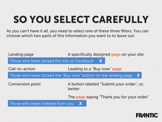 SO YOU SELECT CAREFULLY
As you can’t have it all, you need to select one of these three ﬁlters. You can
choose which two parts of this information you want to to leave out.



 Landing page                     A speciﬁcally designed page on your site
 Those who have clicked the link on Facebook       X
 Call-to-action                   Leading to a “Buy now” page
 Those who have clicked the “Buy now” button on the landing page        X

 Conversion point                 A button labeled “Submit your order”, or,
                                  better:

                                  The page saying “Thank you for your order”
 Those who have ordered from you        X
 