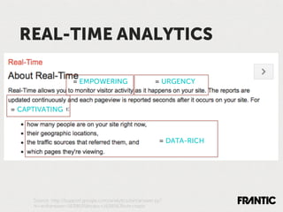 REAL-TIME ANALYTICS

                      = EMPOWERING                         = URGENCY


= CAPTIVATING



                                                             = DATA-RICH




     Source: http://support.google.com/analytics/bin/answer.py?
     hl=en&answer=1638635&topic=1638563&ctx=topic
 