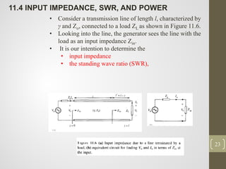 23
11.4 INPUT IMPEDANCE, SWR, AND POWER
• Consider a transmission line of length l, characterized by
γ and Zo, connected to a load ZL as shown in Figure 11.6.
• Looking into the line, the generator sees the line with the
load as an input impedance Zin.
• It is our intention to determine the
• input impedance
• the standing wave ratio (SWR),
 
