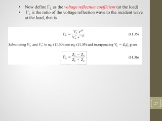 27
• Now define ΓL as the voltage reflection coefficient (at the load)
• ΓL is the ratio of the voltage reflection wave to the incident wave
at the load, that is
 