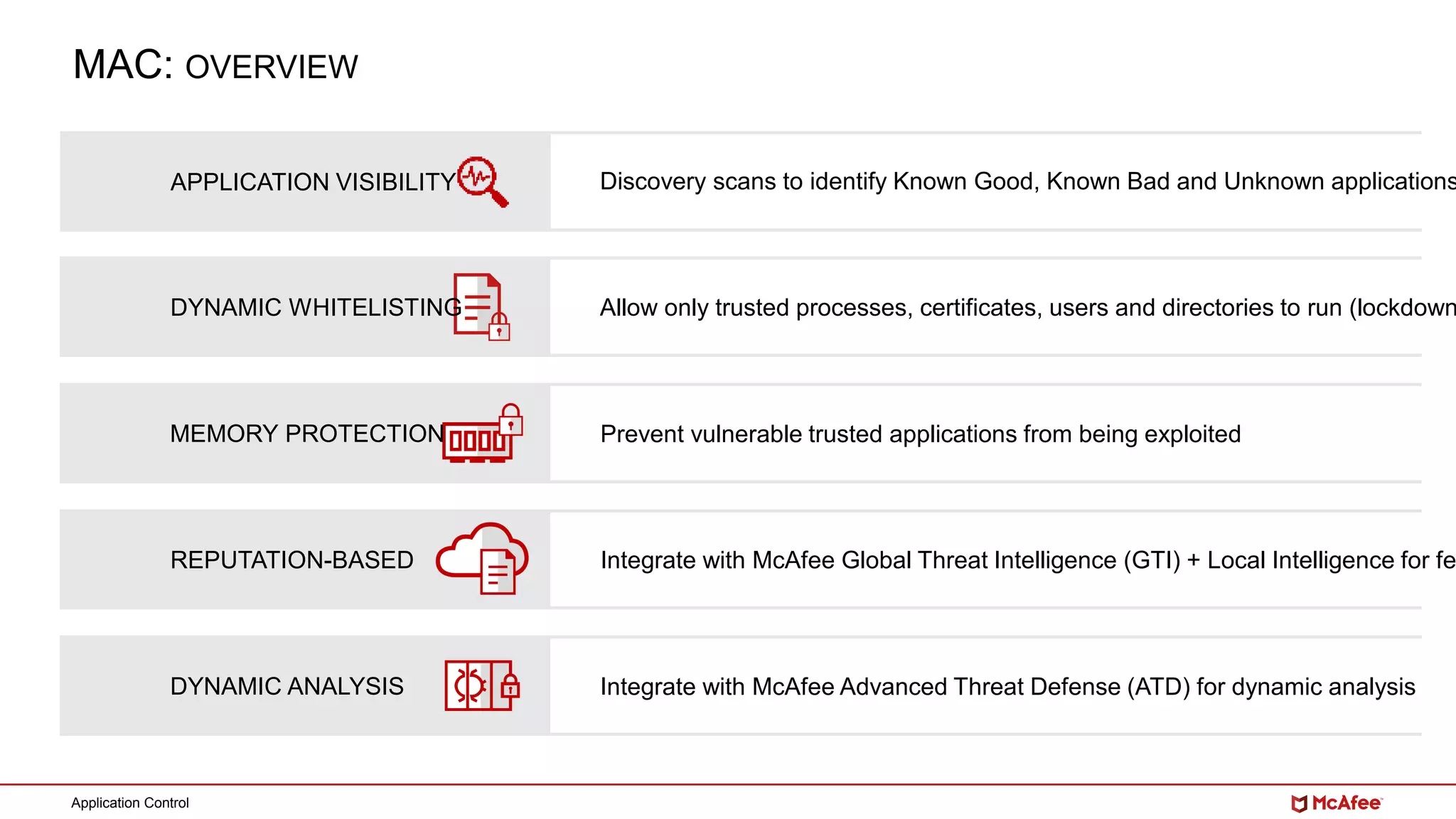 Application Control
MAC: OVERVIEW
APPLICATION VISIBILITY
REPUTATION-BASED
DYNAMIC WHITELISTING
MEMORY PROTECTION
DYNAMIC ANALYSIS
Discovery scans to identify Known Good, Known Bad and Unknown applications
Allow only trusted processes, certificates, users and directories to run (lockdown
Prevent vulnerable trusted applications from being exploited
Integrate with McAfee Global Threat Intelligence (GTI) + Local Intelligence for fe
Integrate with McAfee Advanced Threat Defense (ATD) for dynamic analysis
 