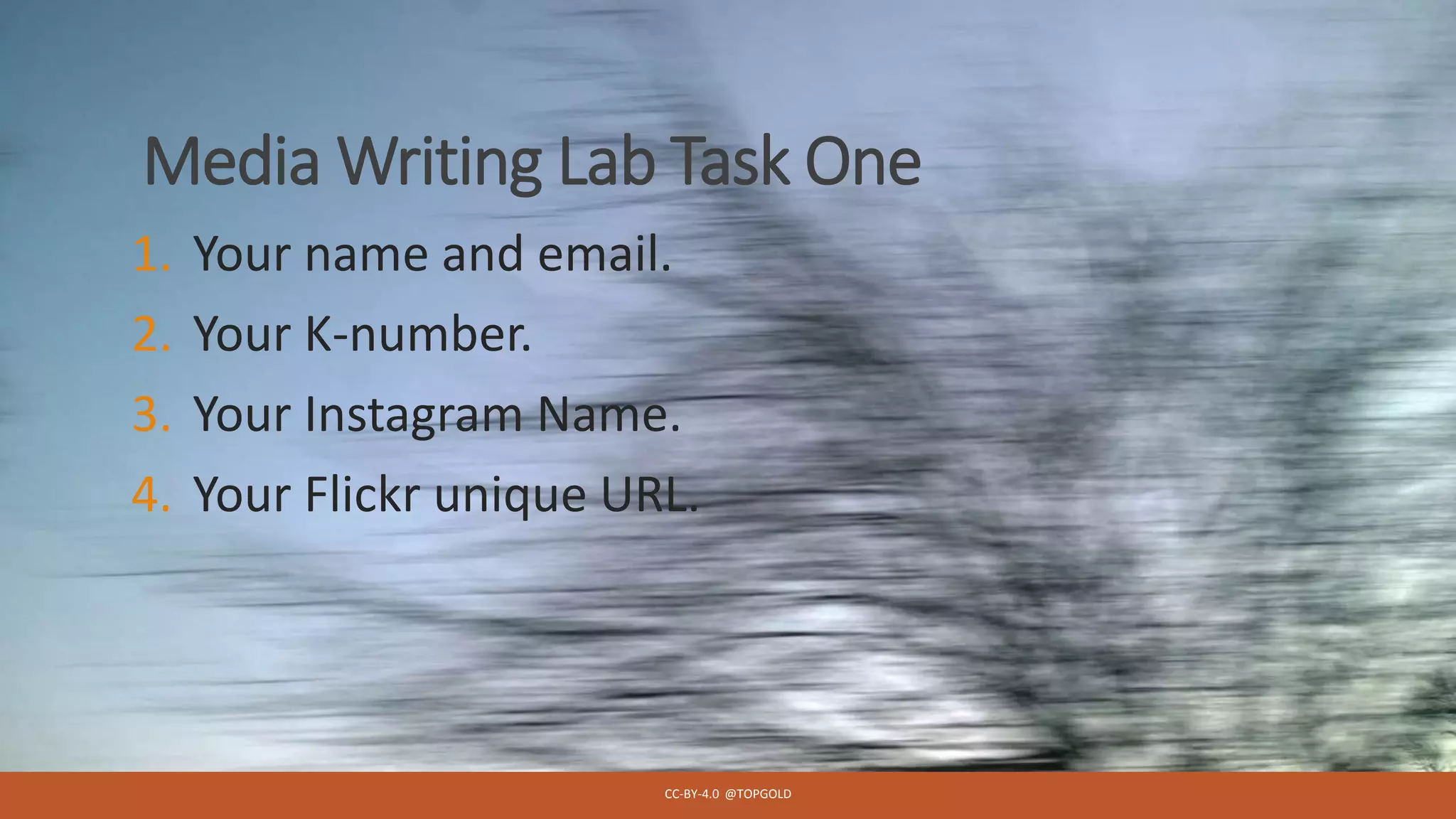 Media Writing Lab Task One
1. Your name and email.
2. Your K-number.
3. Your Instagram Name.
4. Your Flickr unique URL.
CC-BY-4.0 @TOPGOLD
 