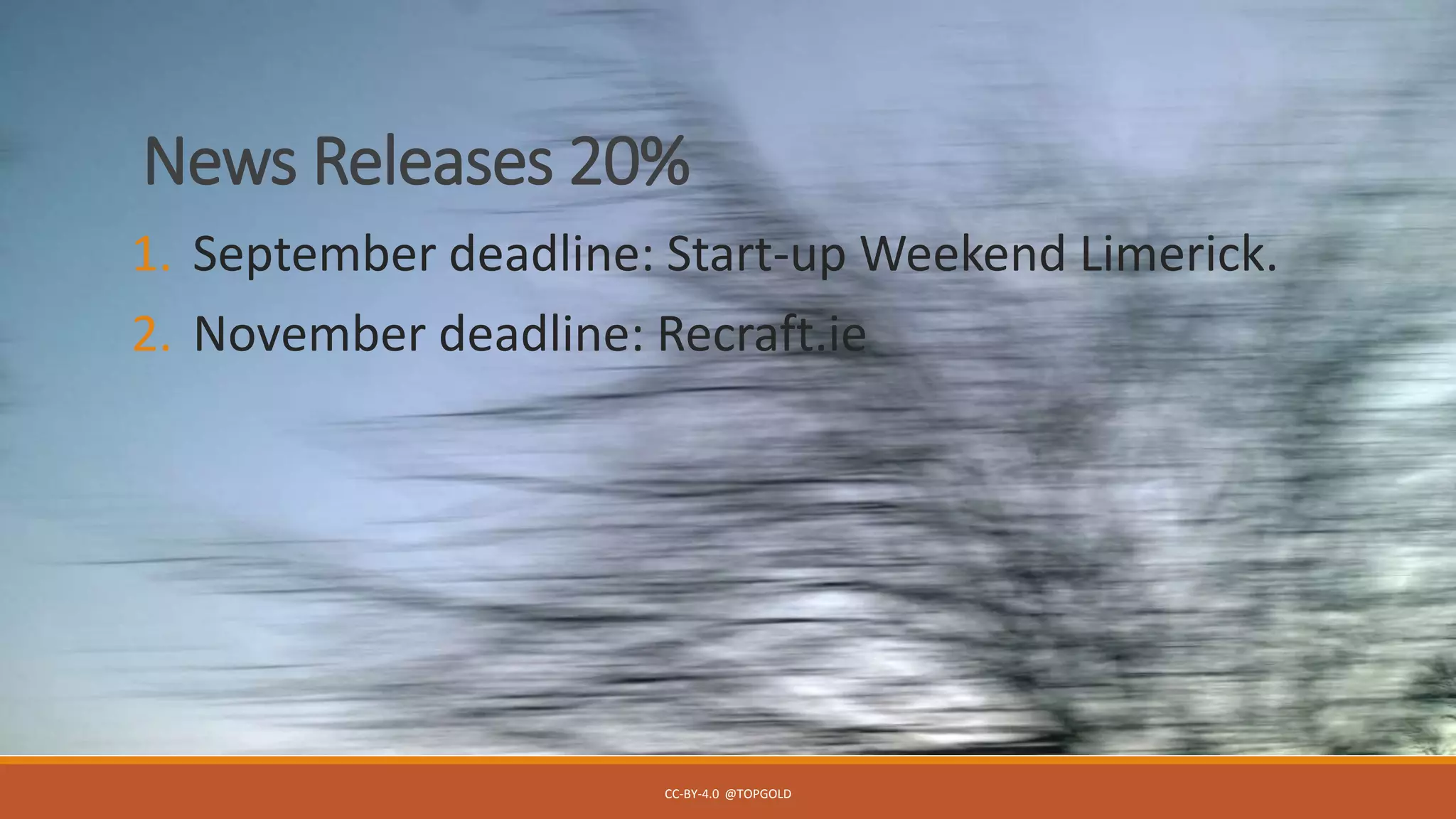 News Releases 20%
1. September deadline: Start-up Weekend Limerick.
2. November deadline: Recraft.ie
CC-BY-4.0 @TOPGOLD
 