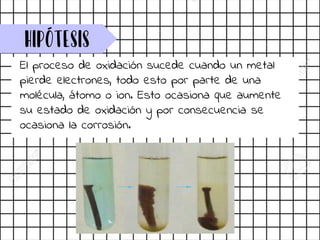 Hipótesis
El proceso de oxidación sucede cuando un metal
pierde electrones, todo esto por parte de una
molécula, átomo o ion. Esto ocasiona que aumente
su estado de oxidación y por consecuencia se
ocasiona la corrosión.
 